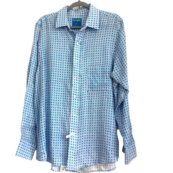 michael's Men's 100% Linen Shirt Made in USA size L pink blue check prints - Picture 1 of 11